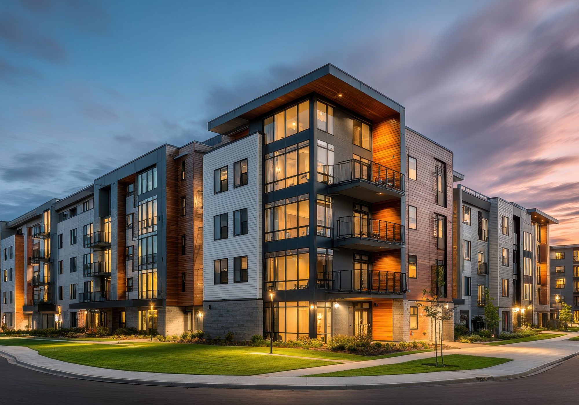 A modern apartment community at dusk with warm lights in the windows